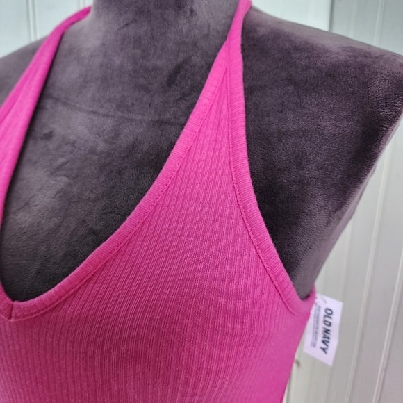 NWT Old Navy Womens Hot Pink Ribbed V-neck Halter Tie Tank Top Built In Bra M - Picture 6 of 14